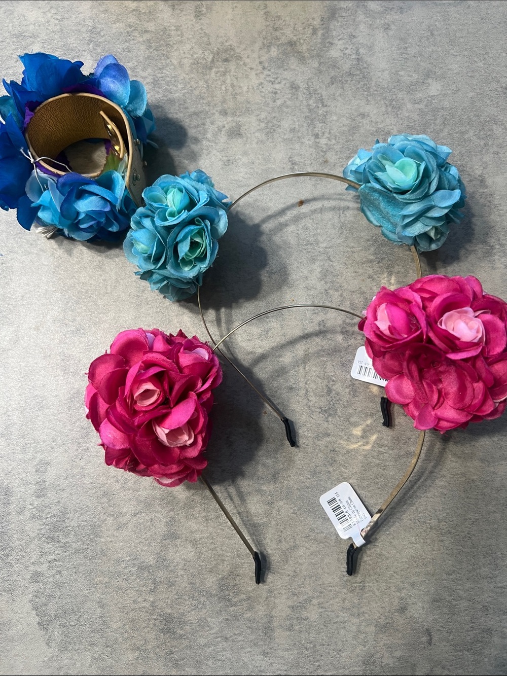 Floral Flower Ear Headband for festival  - Pink & Blue and a flower bracelet